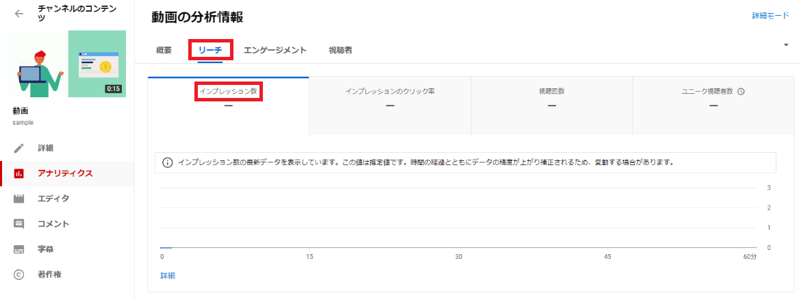 「リーチ」タブからインプレッション数を確認する