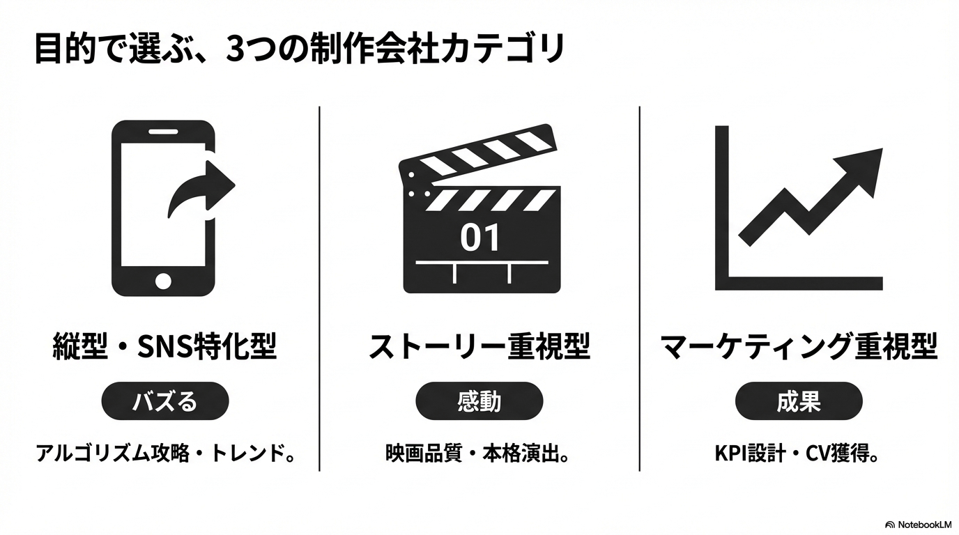 目的で選ぶ、3つの制作会社カテゴリ