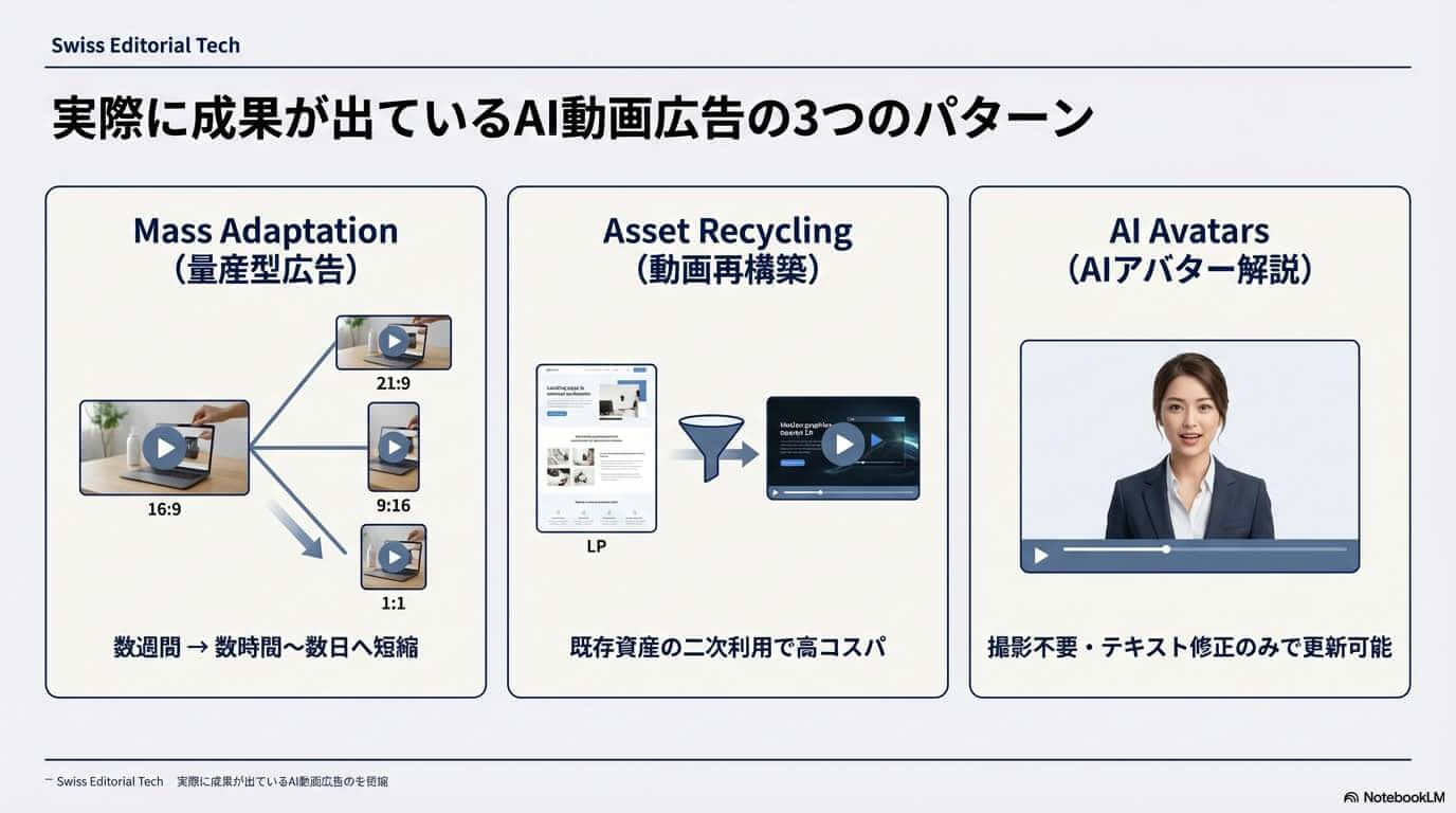 実際に成果が出ているAI動画広告の3つのパターン