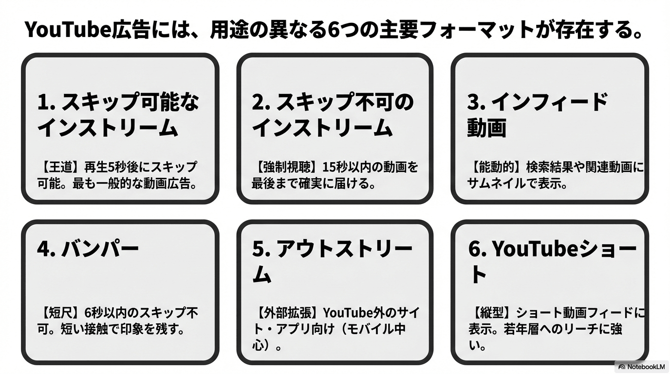 YouTube広告には、用途の異なる6つの主要フォーマットが存在する