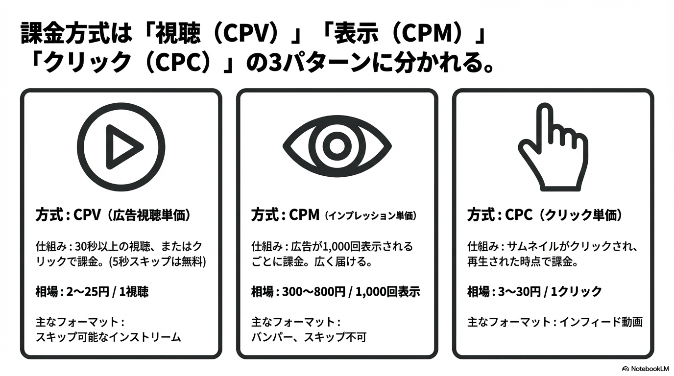 課金方式は「視聴」「表示」「クリック」の3パターンに分かれる