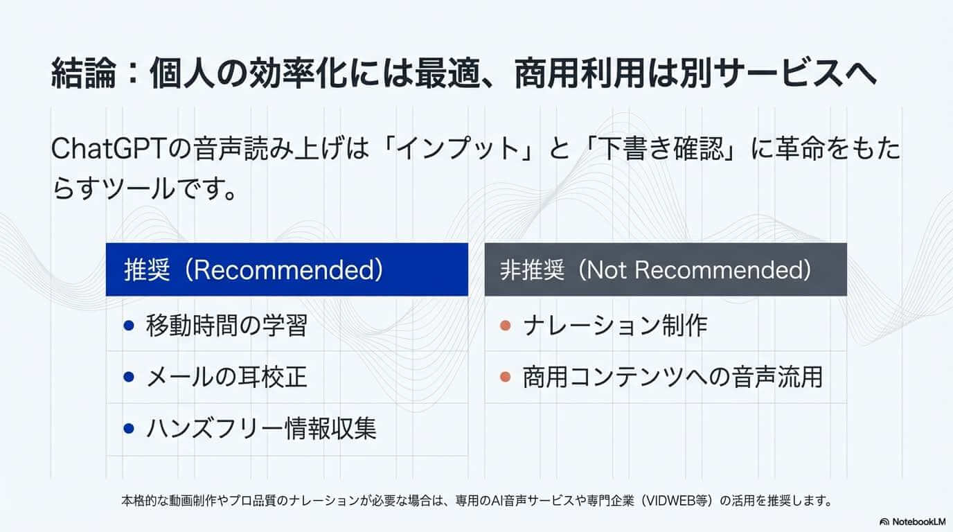 結論:個人の効率化には最適、商用利用は別サービスへ